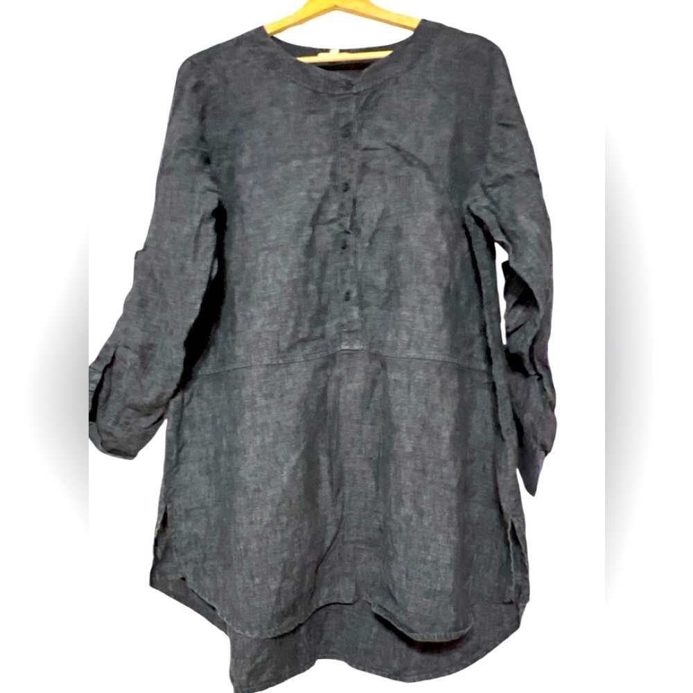 Eileen Fisher 3/4 Sleeve Organic Linen Henley Dress Gray Size M